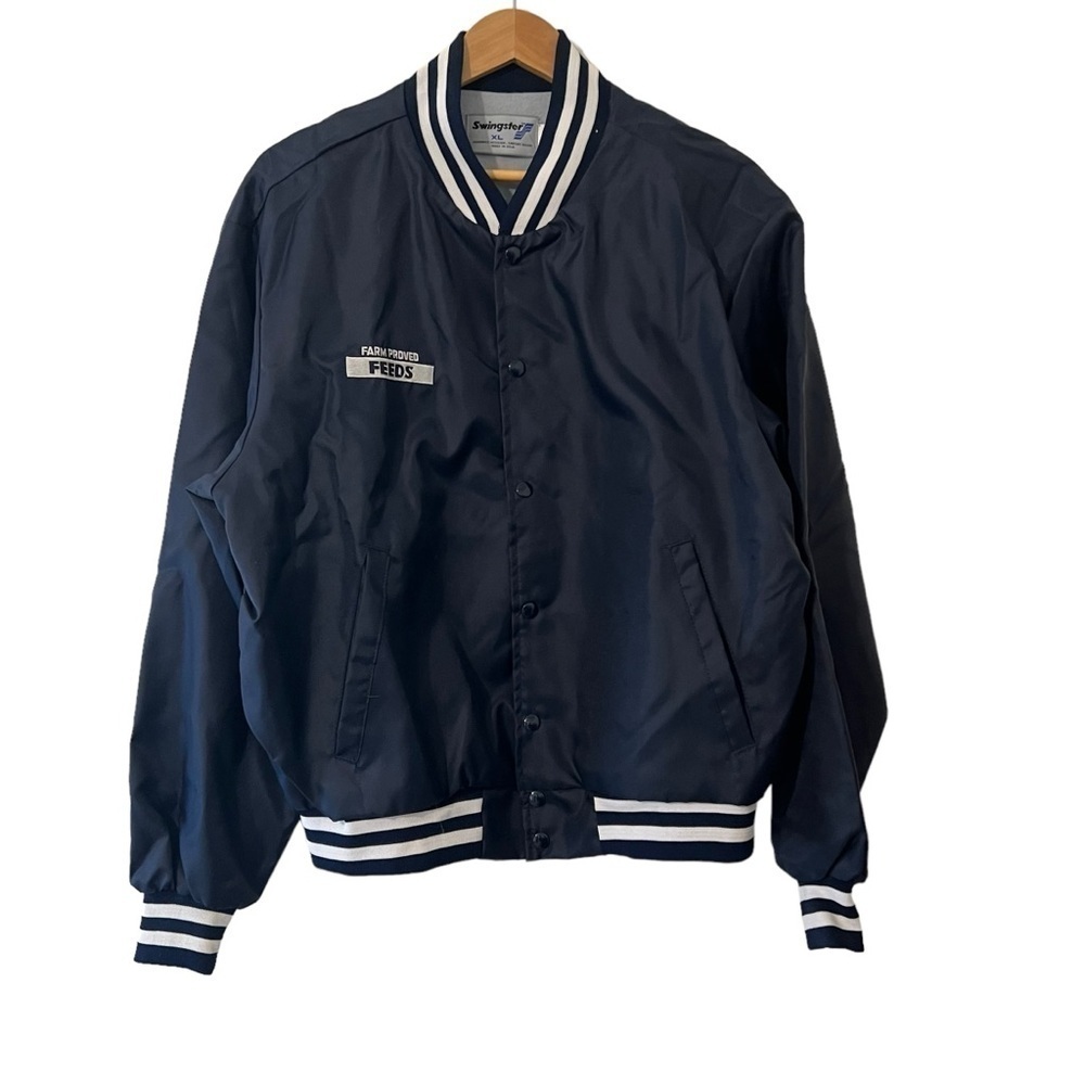 Vintage Swingster Farm Proved Feeds Nylon Bomber Jacket Navy Blue Size XL‎